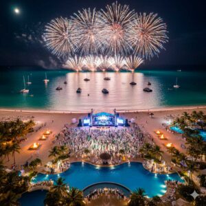 Praia paradisíaca em Punta Cana com coqueiros e mar azul-turquesa, ideal para viagem de Réveillon 2027 em resort all-inclusive.