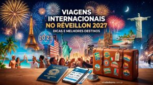 Composição com malas de viagem, passaporte e mapa-múndi para planejamento de viagens internacionais no Réveillon 2027.