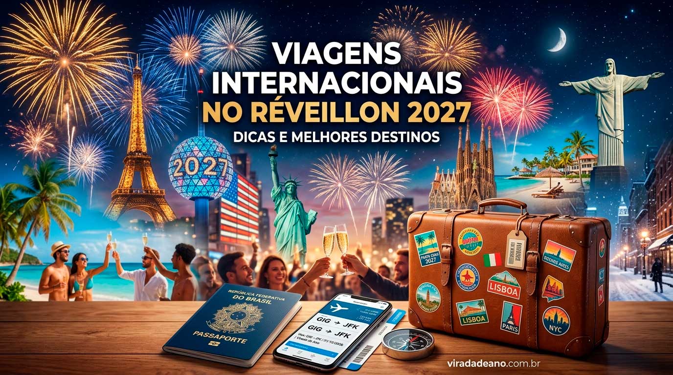 Composição com malas de viagem, passaporte e mapa-múndi para planejamento de viagens internacionais no Réveillon 2027.